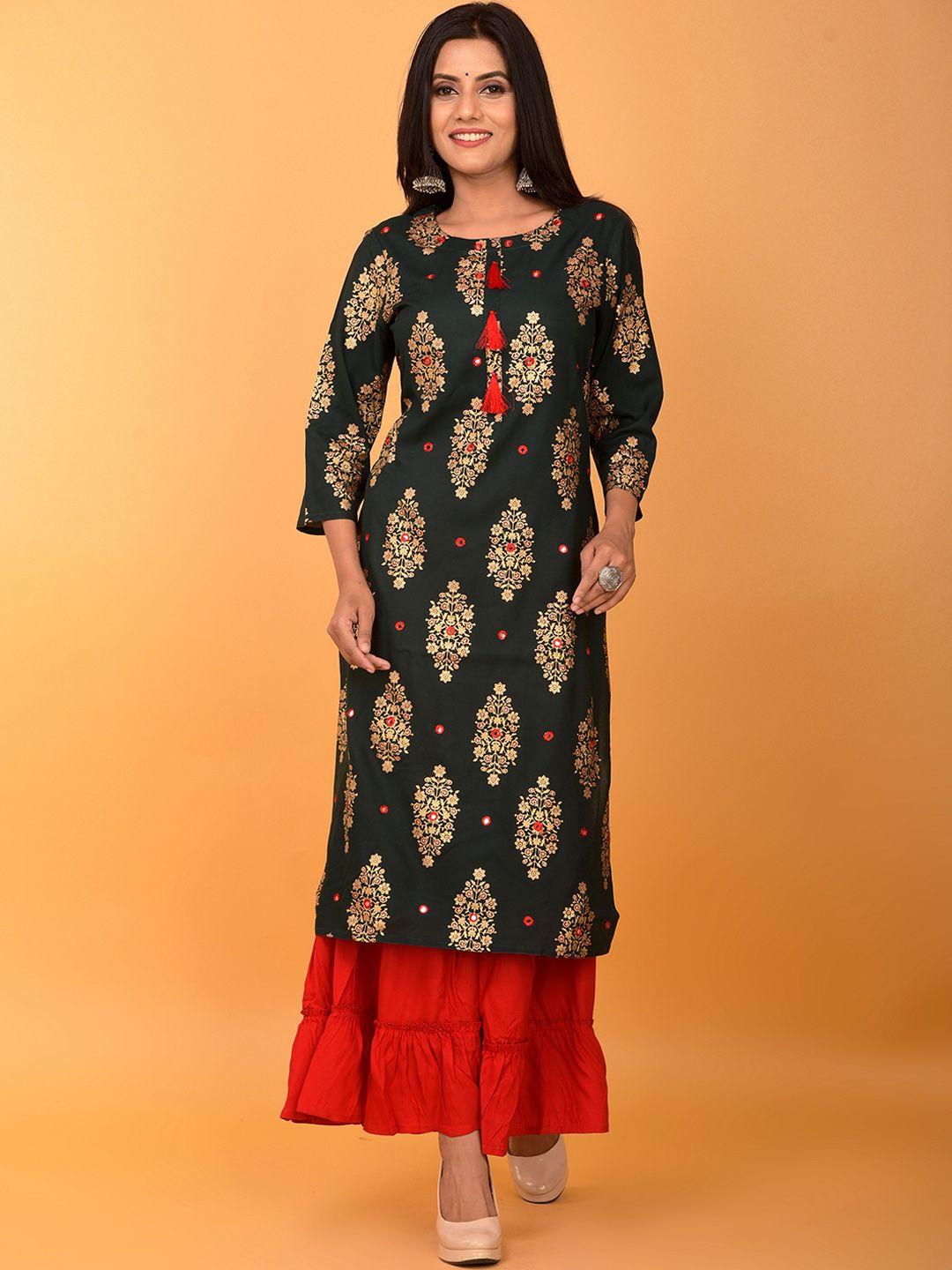 misbis women green ethnic motifs kurta with sharara