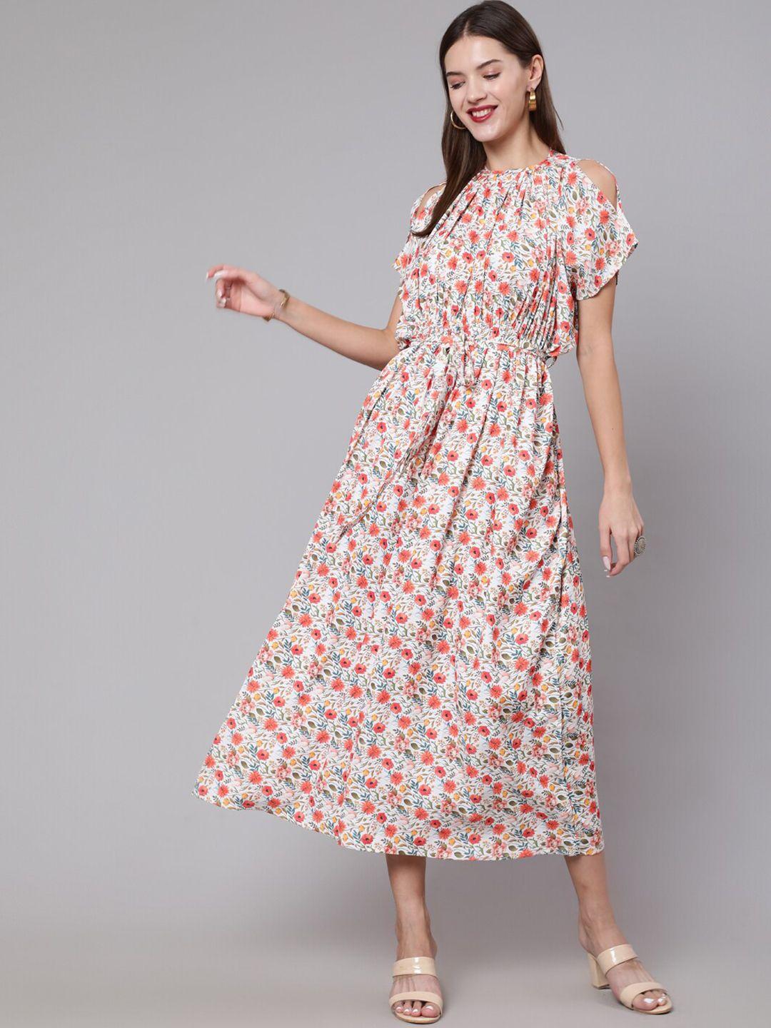 nayo women off white & orange floral crepe a-line midi dress