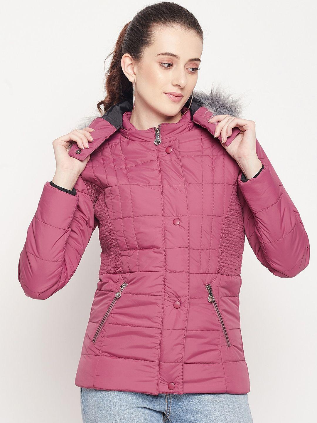 adobe women pink solid hooded lightweight parka jacket