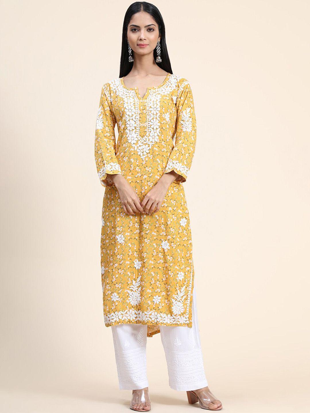 house of kari women yellow floral printed thread work kurta