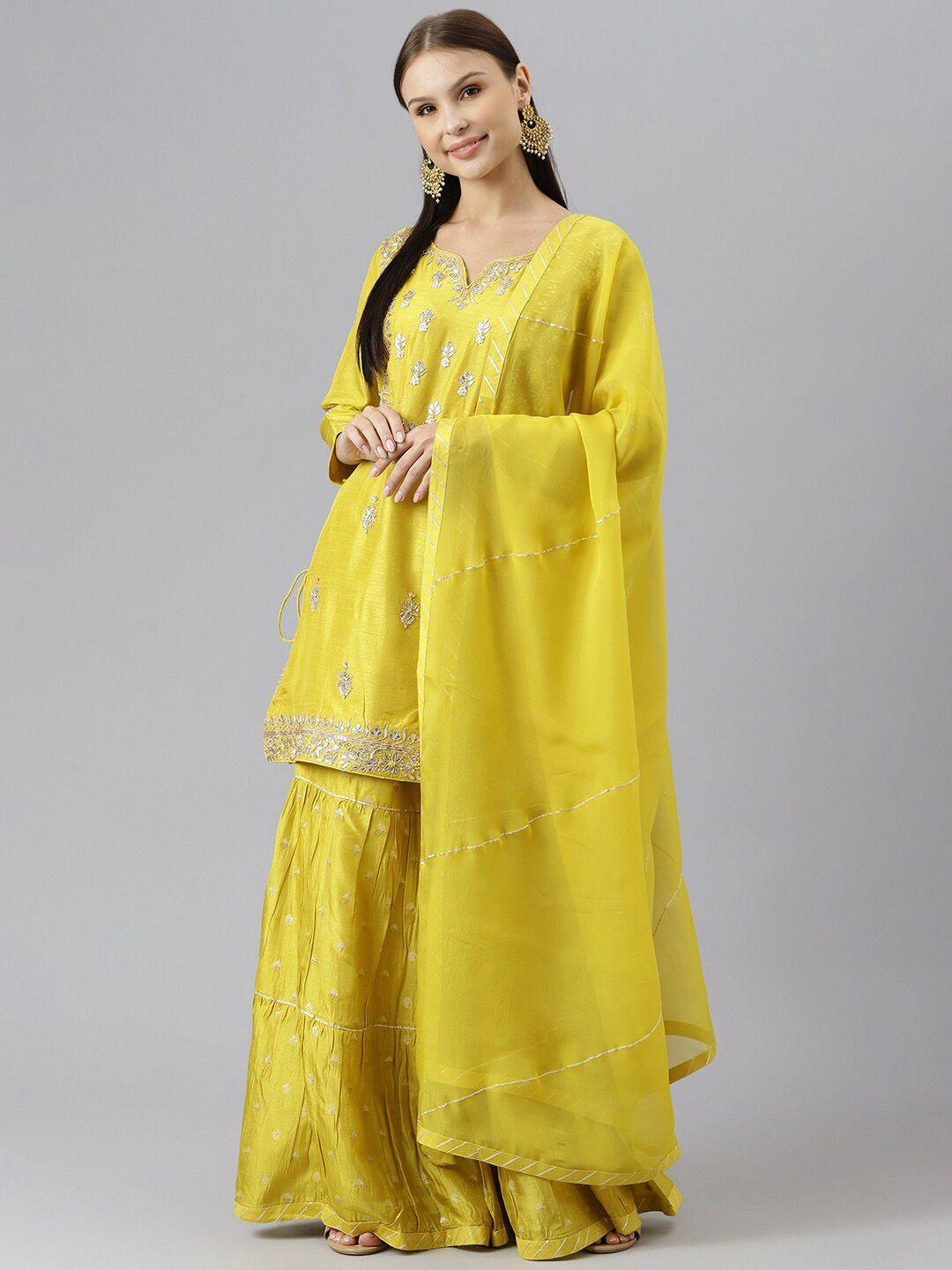 divena women yellow floral embroidered zardozi chanderi silk kurti with sharara & dupatta