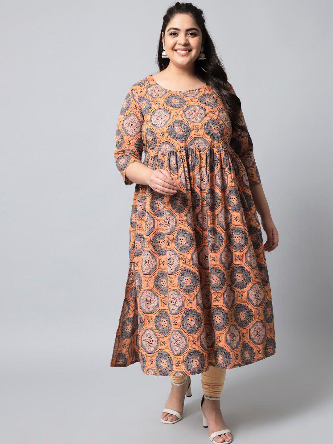 kalini women plus size rust ethnic motifs printed cotton kurta