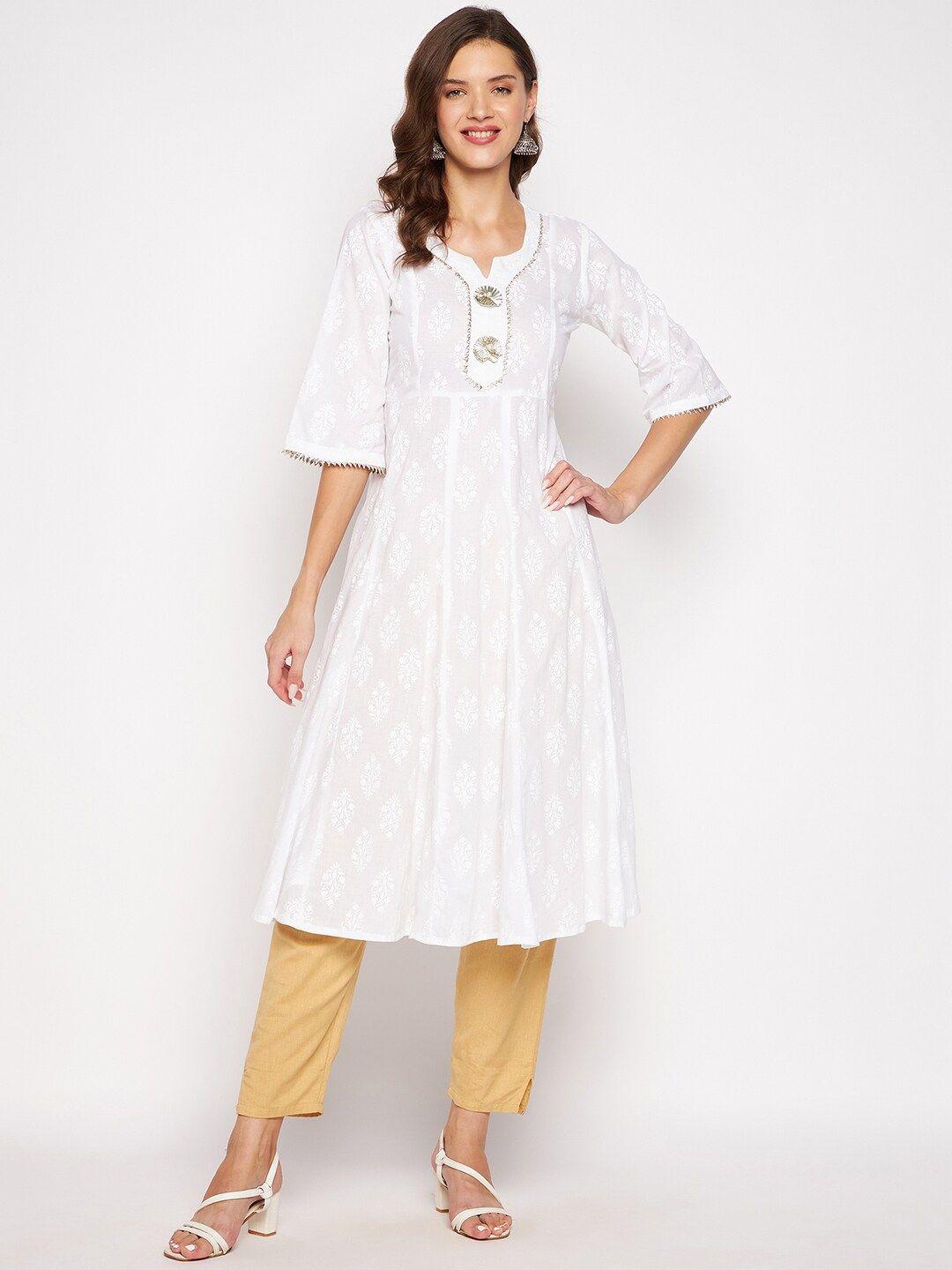 one of a kind women white floral printed gotta patti floral anarkali kurta