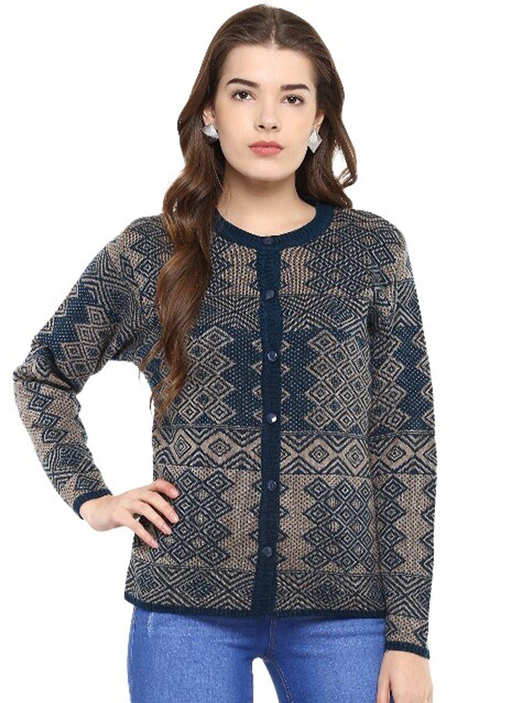 modeve women brown & navy blue printed cardigan