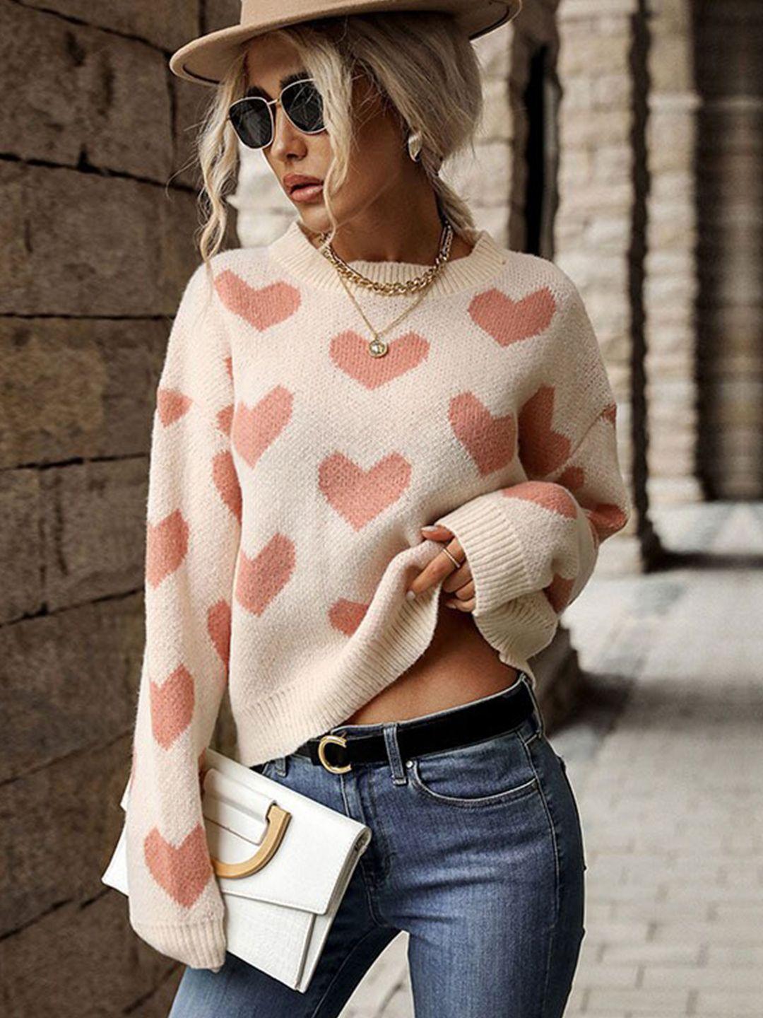 stylecast women pink & cream-coloured printed pullover