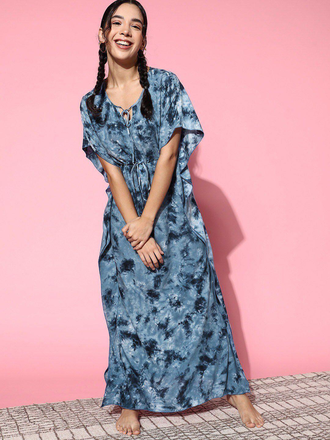 sweet dreams women blue & black printed maxi kaftan nightdress