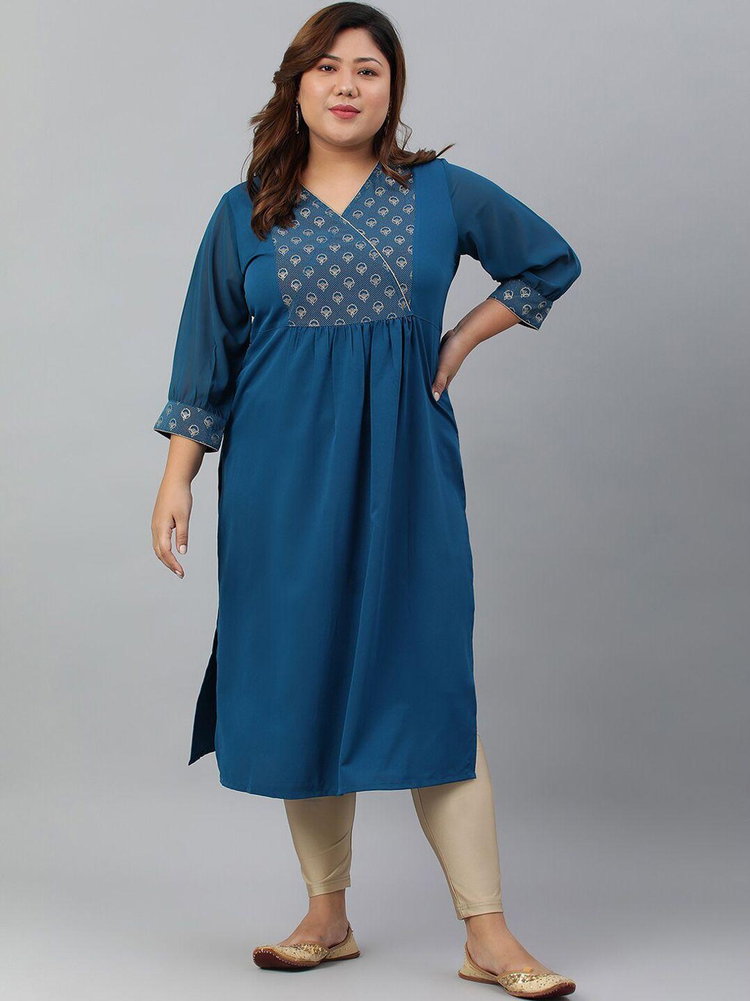 xl love by janasya women plus size teal ethnic motifs yoke design thread work poly crepe straight kurta