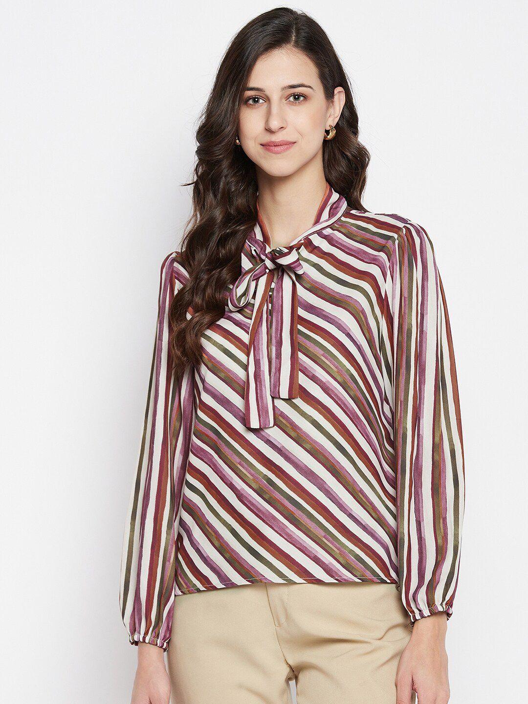 madame women off white striped tie-up neck top