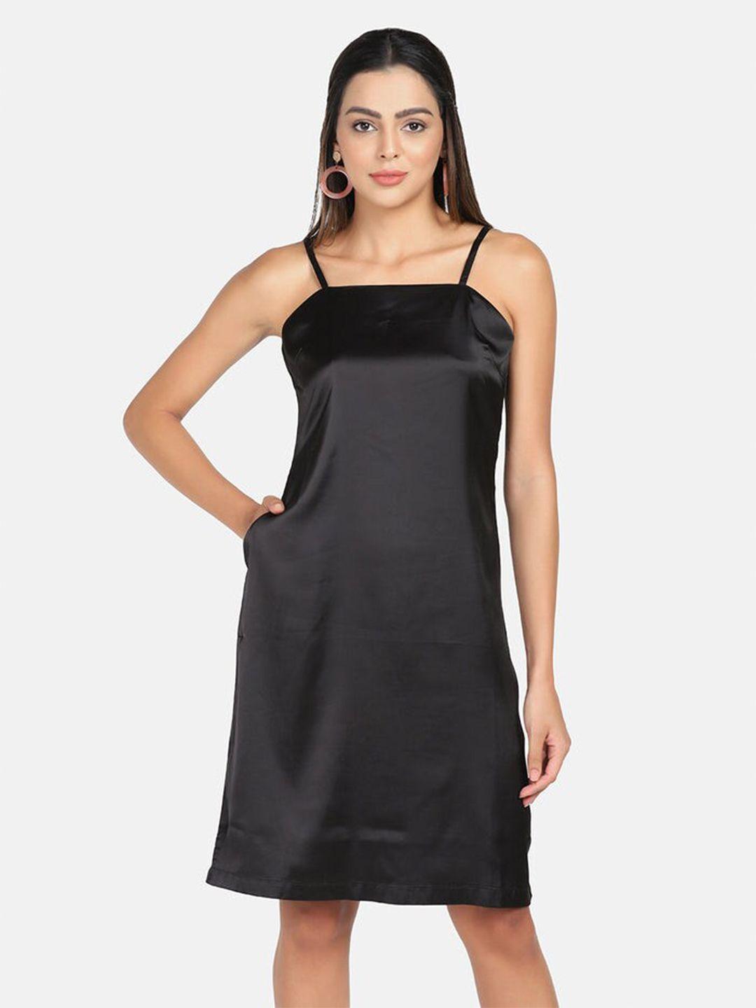 powersutra women black satin a-line dress