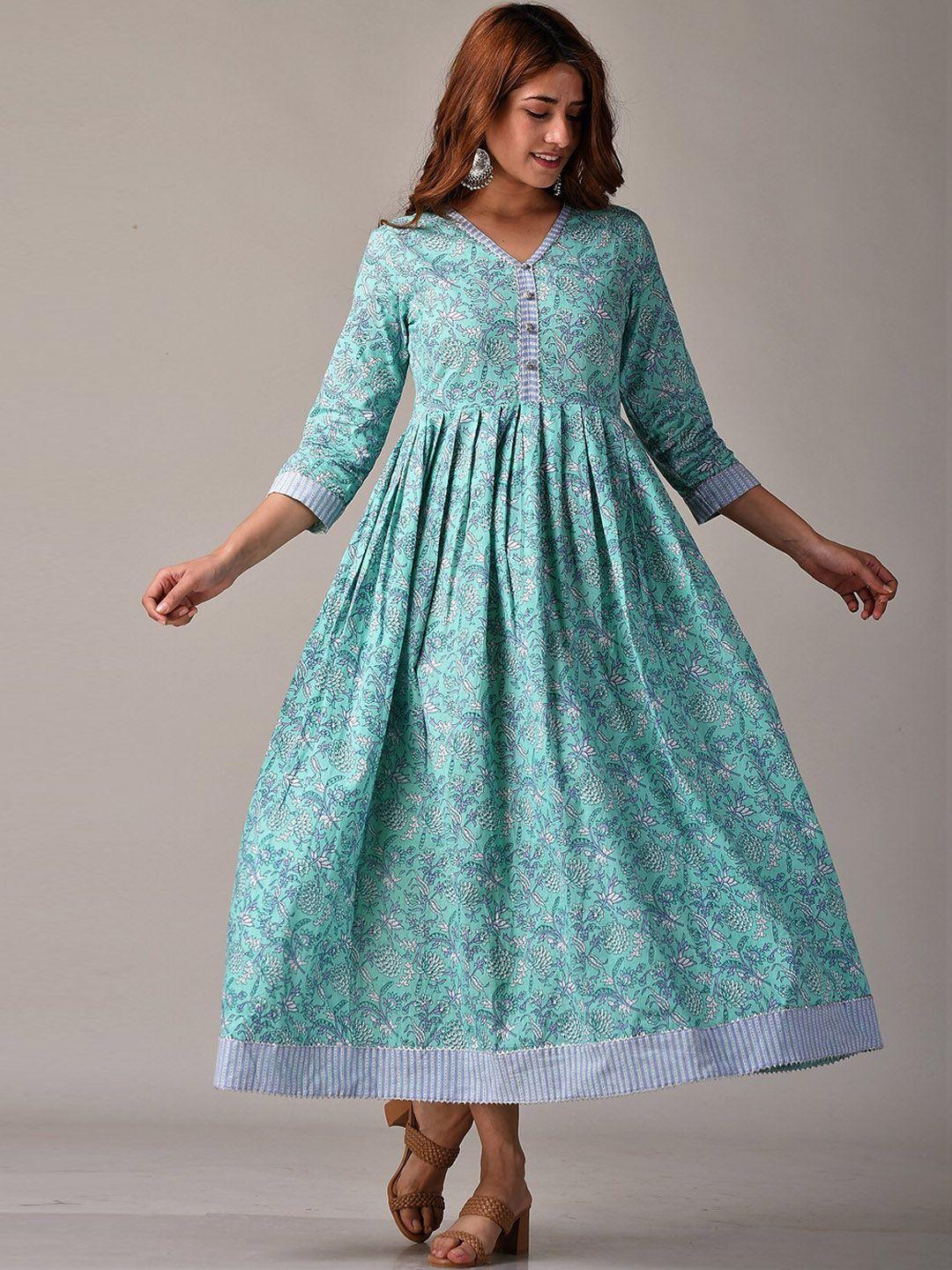 kannahi sea green ethnic motifs print cotton empire dress