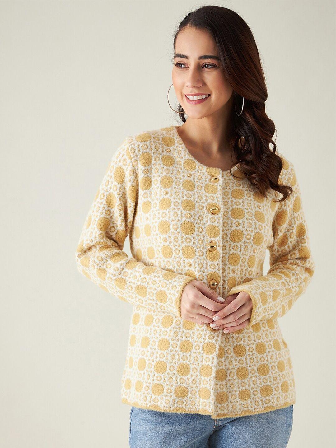 modeve women mustard & white self design cardigan