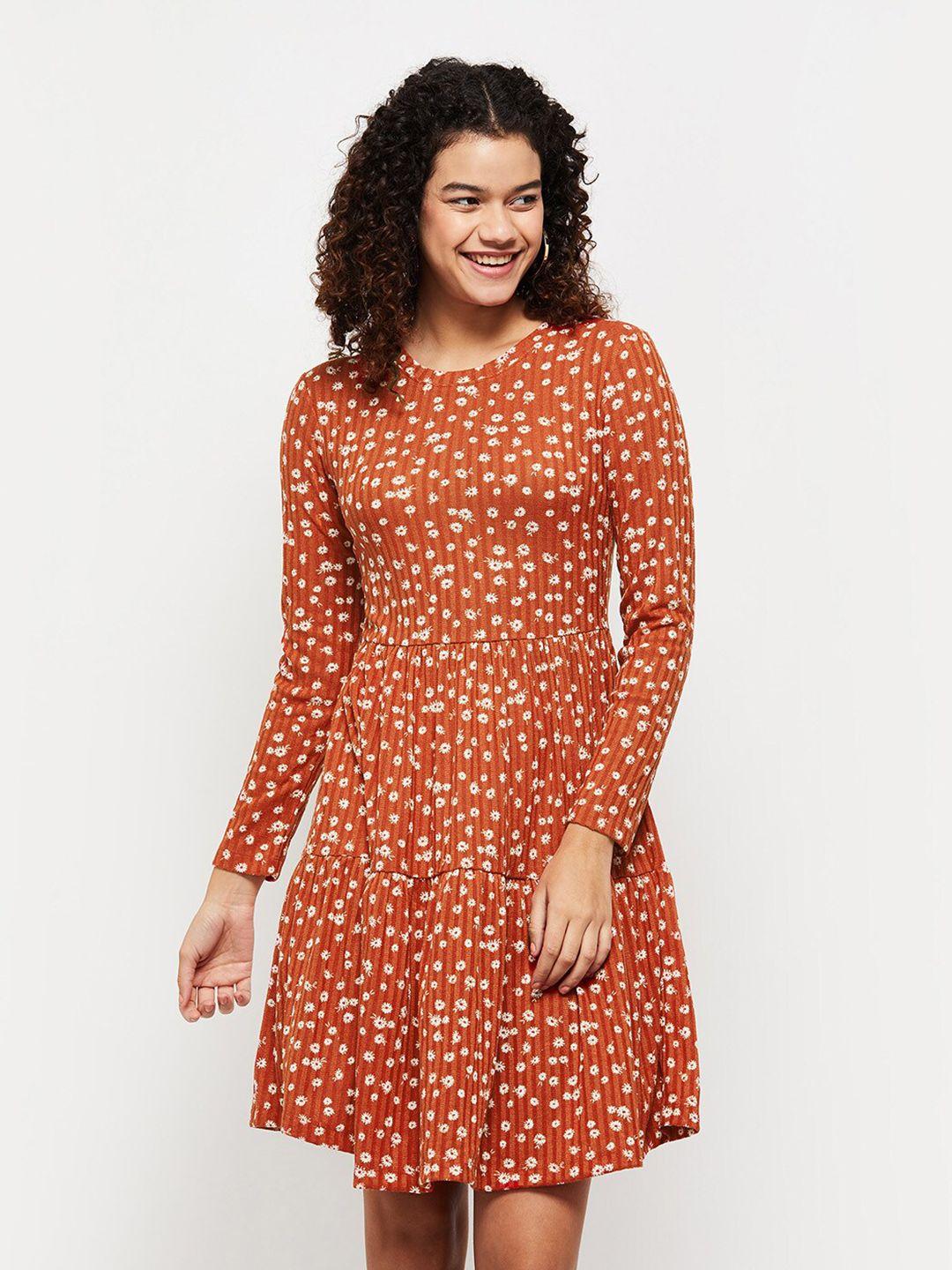 max women rust & white floral printed a-line dress