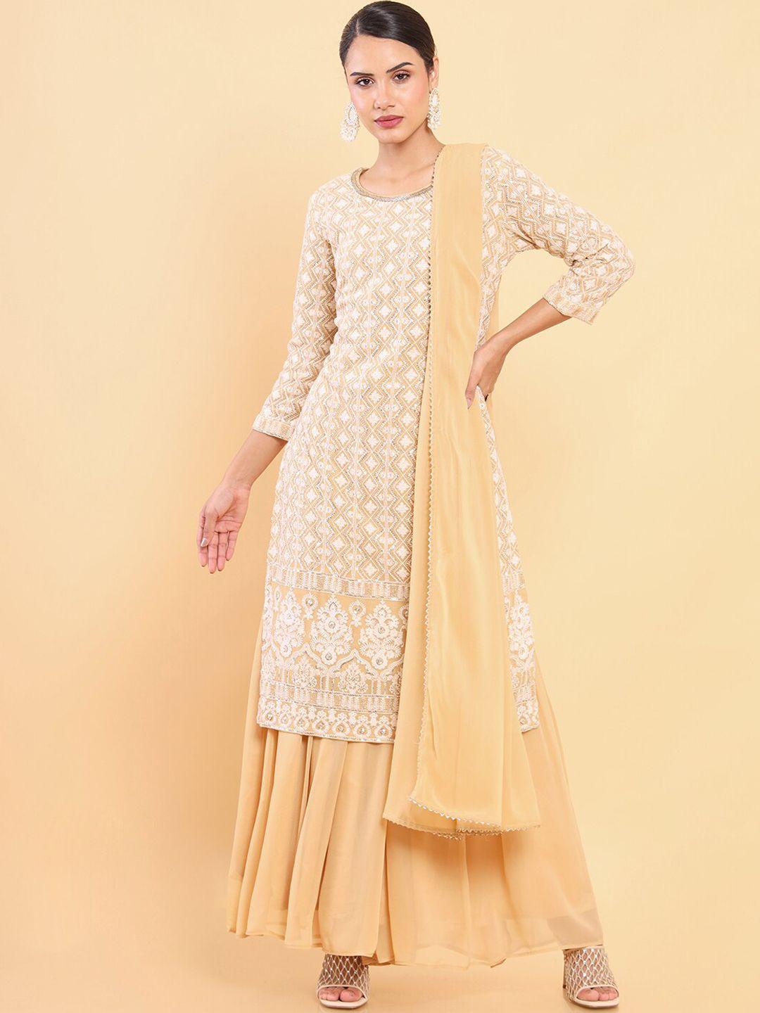 soch women beige ethnic motifs embroidered chikankari kurta with sharara & with dupatta