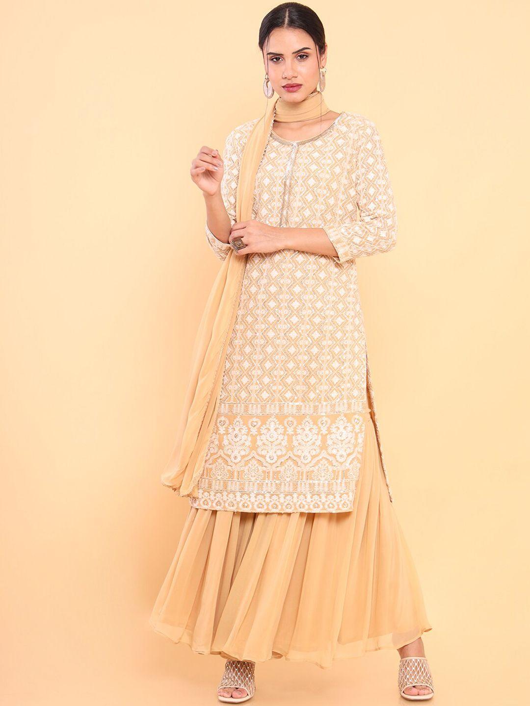 soch women beige ethnic motifs embroidered thread work kurta with sharara & with dupatta