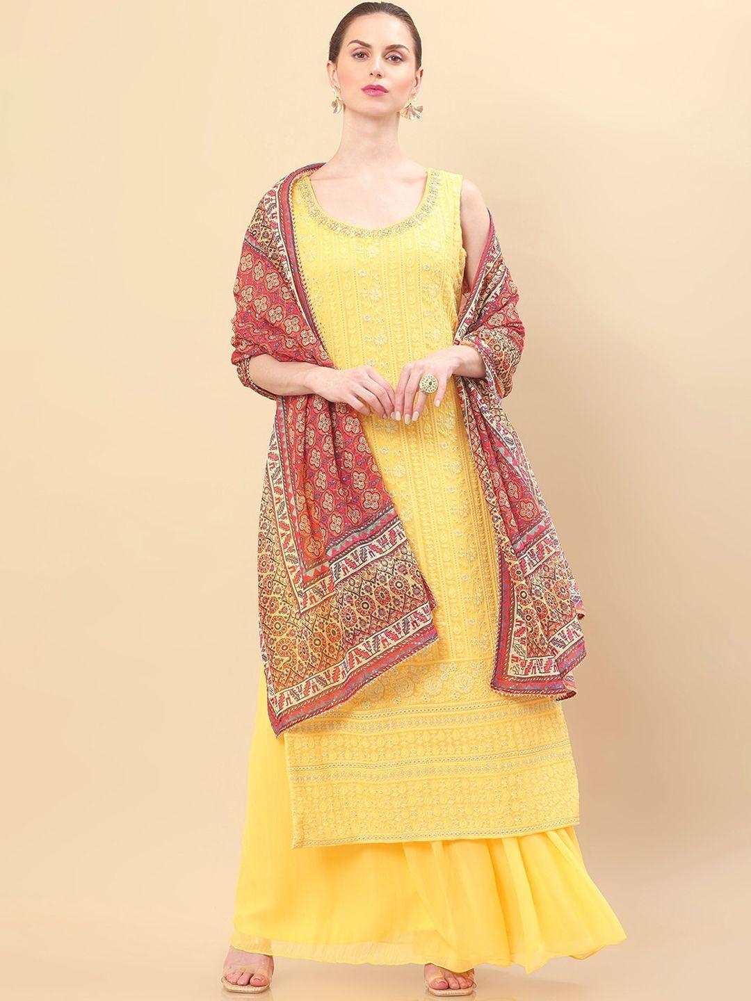 soch women yellow floral embroidered chikankari kurta with palazzo & dupatta