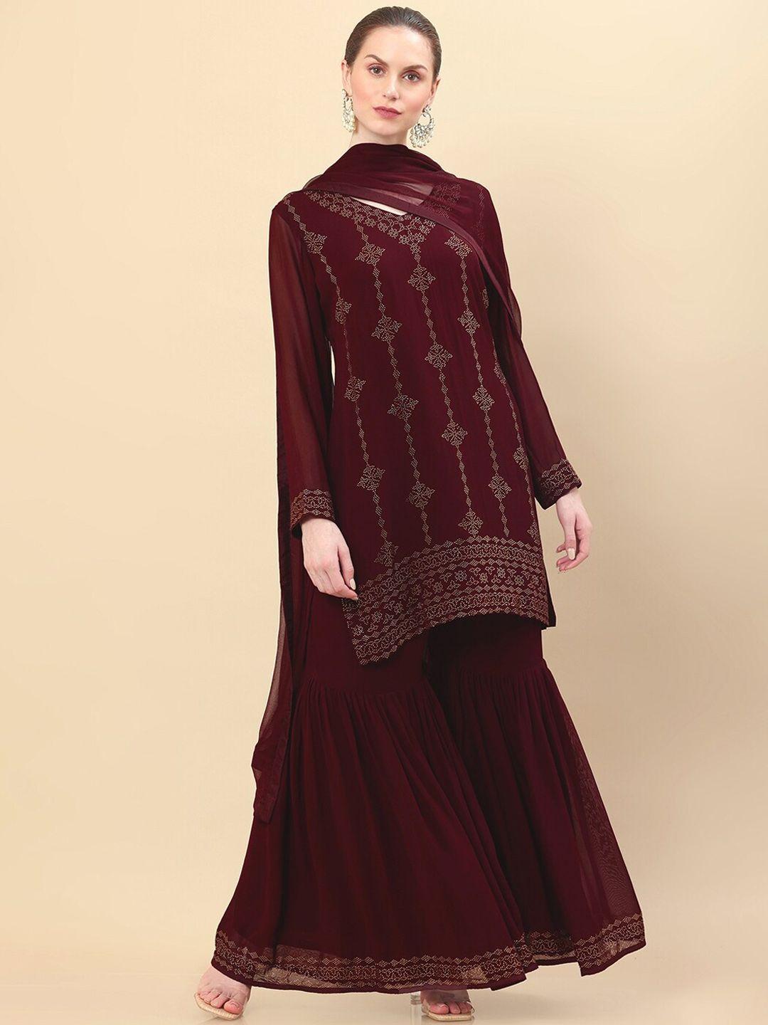 soch women maroon embellished kurti with sharara & with dupatta set