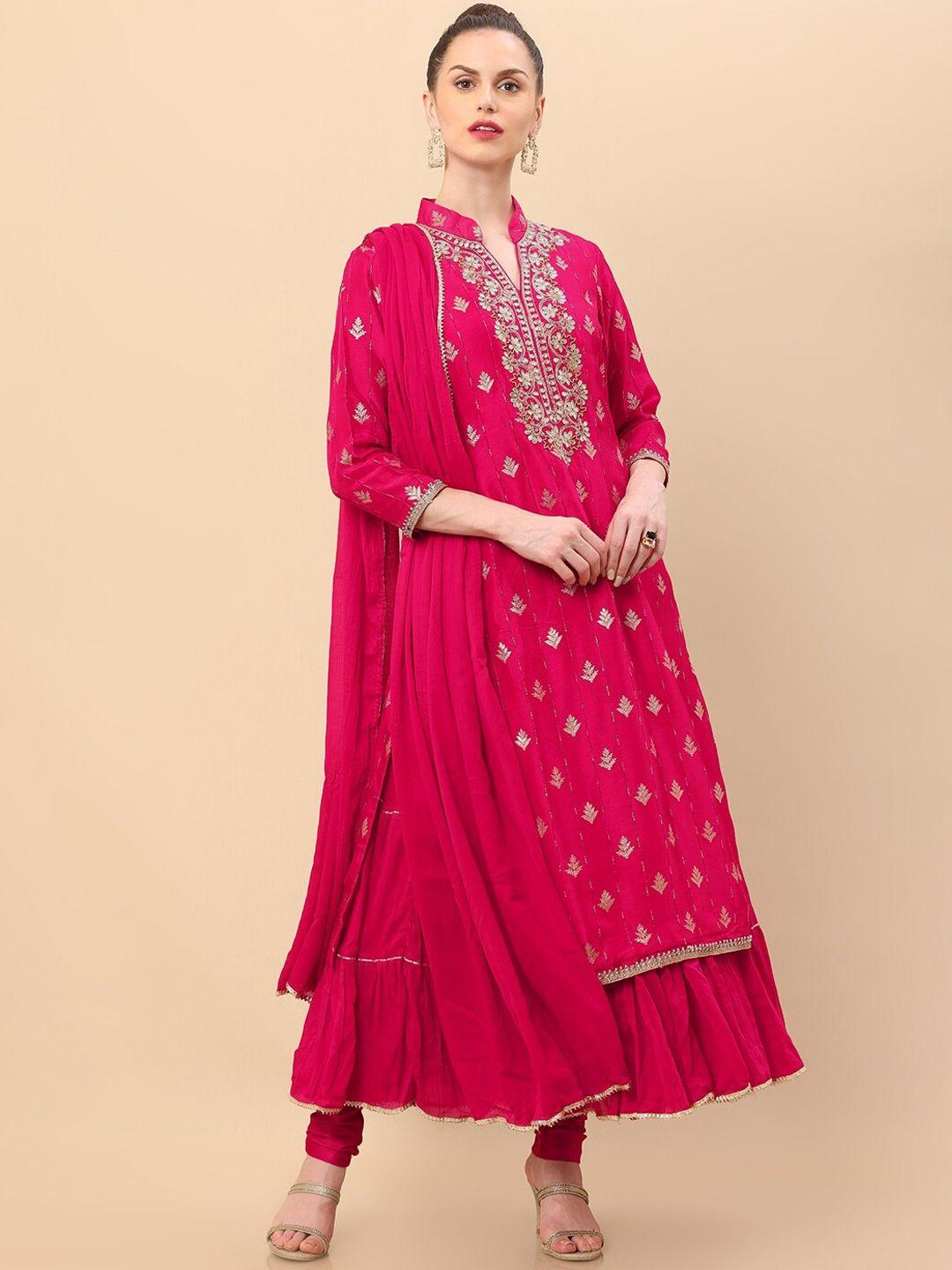 soch women fuchsia ethnic motifs embroidered layered gotta patti kurta set