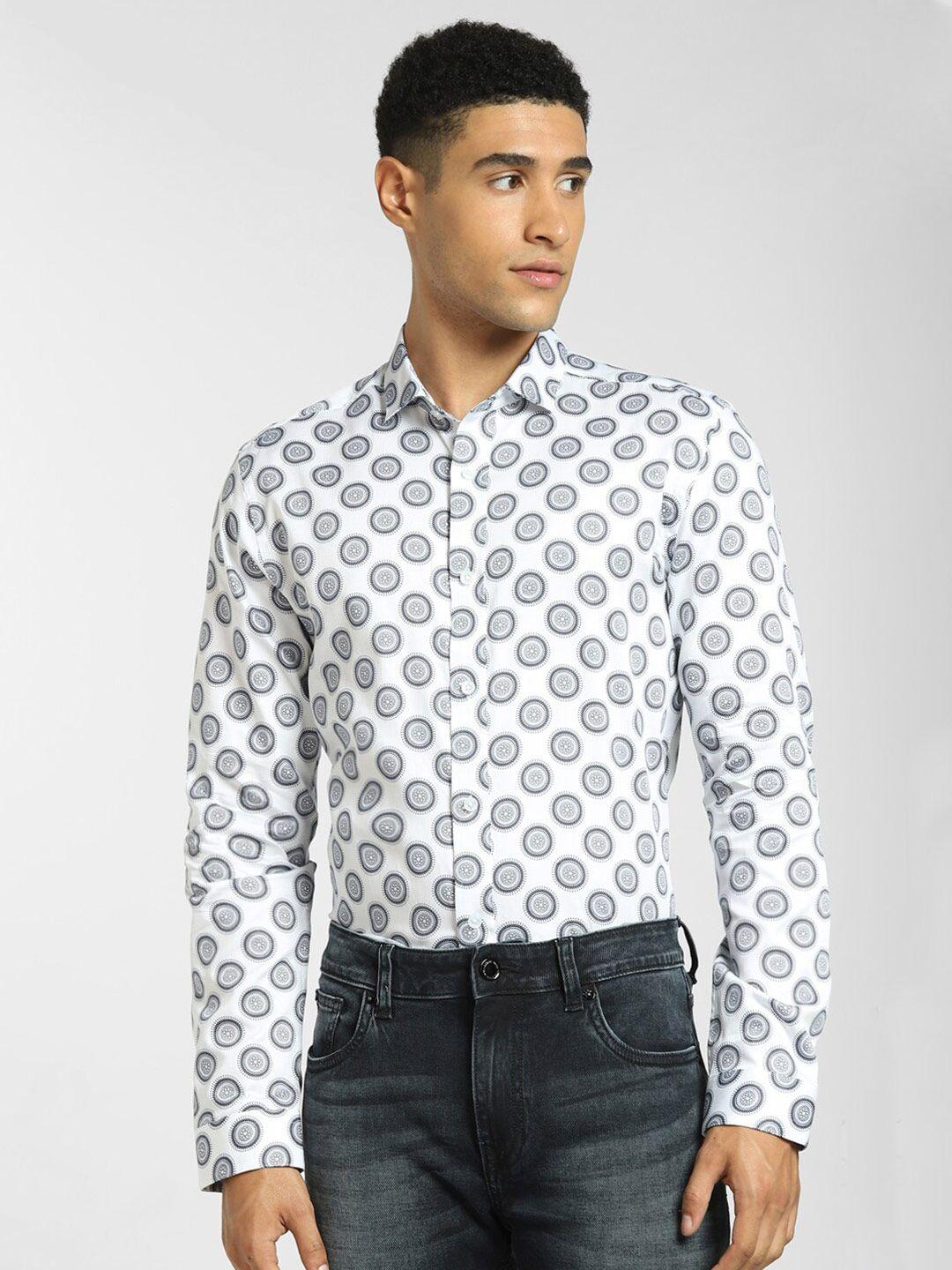 jack & jones men white slim fit printed casual cotton shirt