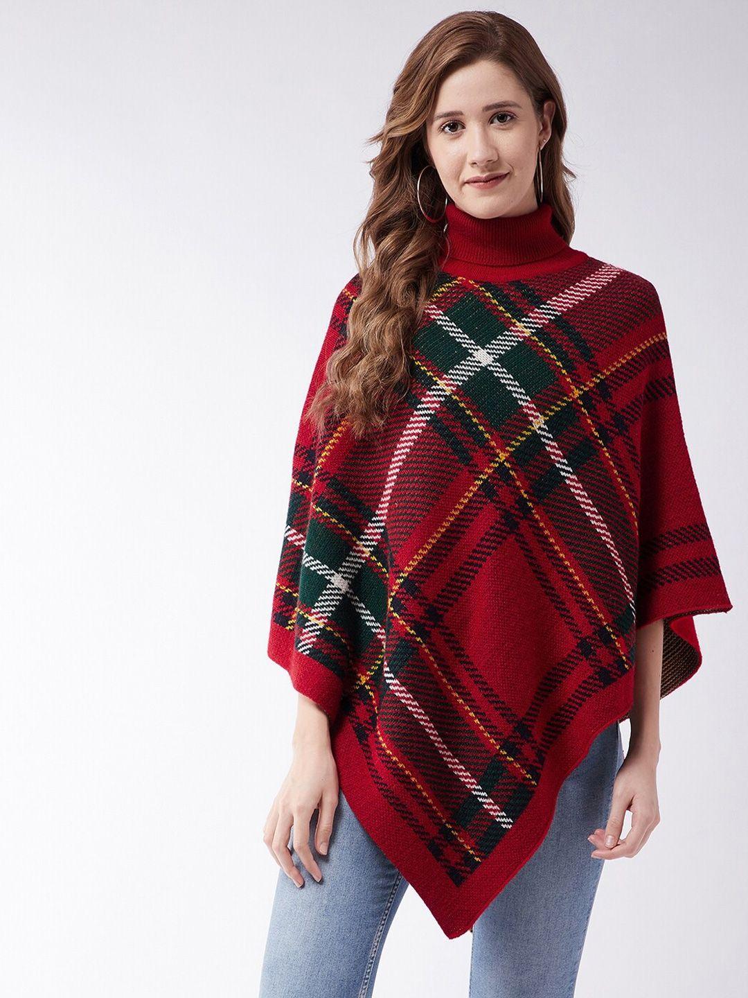 modeve women red & black checked checked poncho