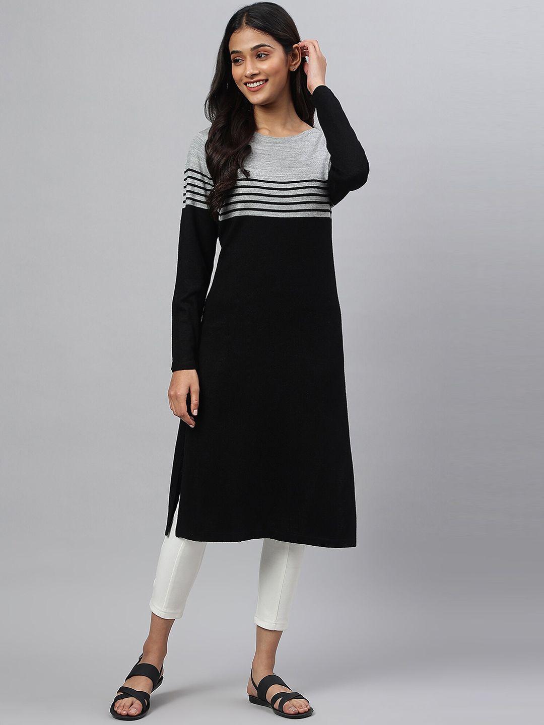 aurelia women black & grey striped kurta