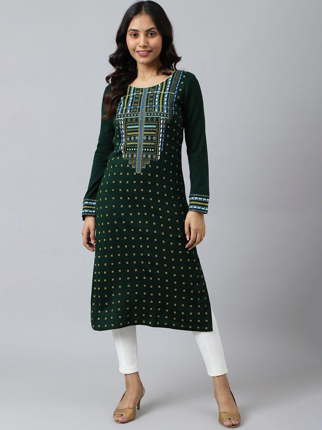 aurelia women green & yellow printed acrylic straight kurta