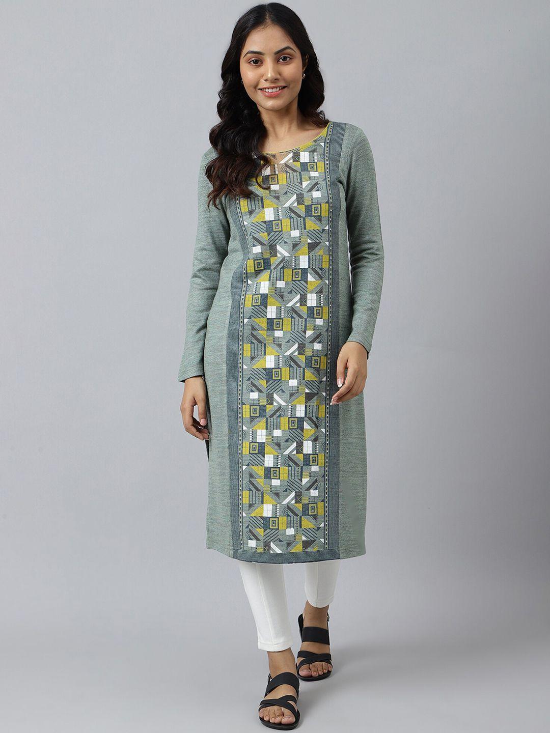 aurelia women green & white geometric printed acrylic kurta