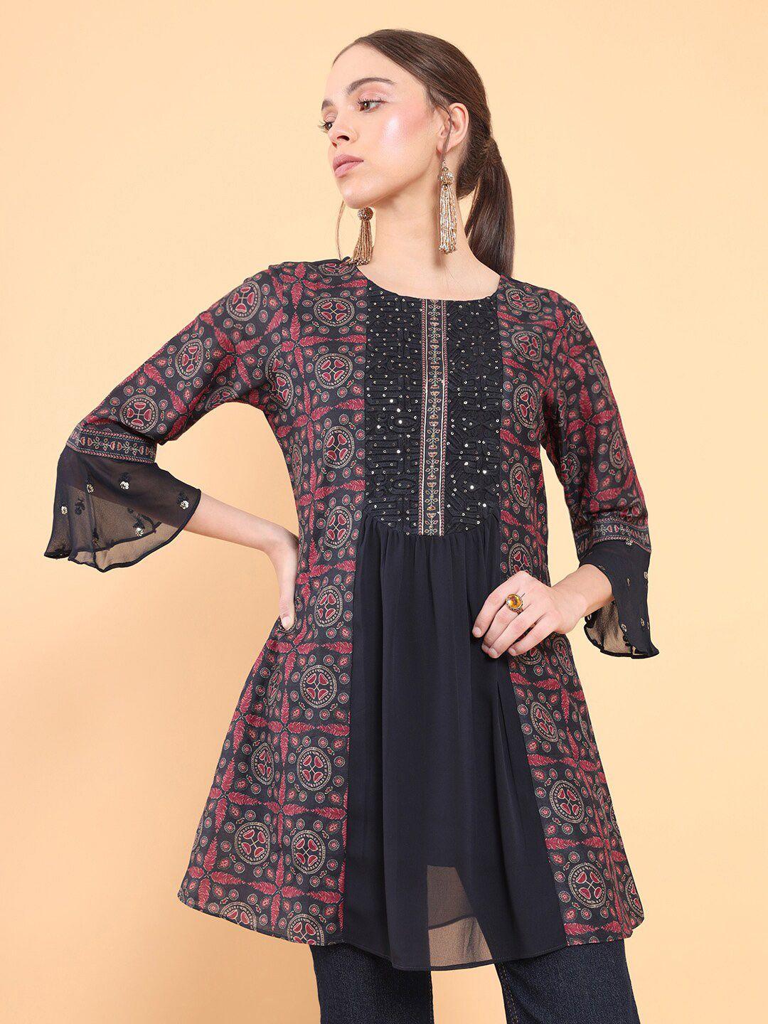 soch women navy blue & red ethnic printed tunic