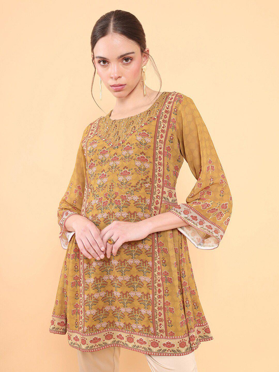 soch women mustard yellow & pink printed silk round neck tunic