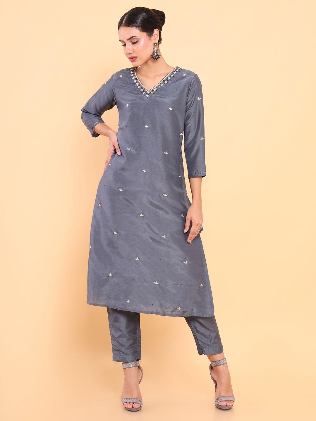 soch women grey floral embroidered thread work pure silk kurta with trousers