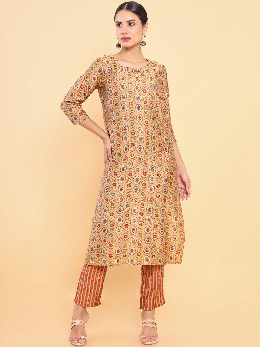 soch women mustard yellow ethnic motifs printed pure cotton kurta with trousers