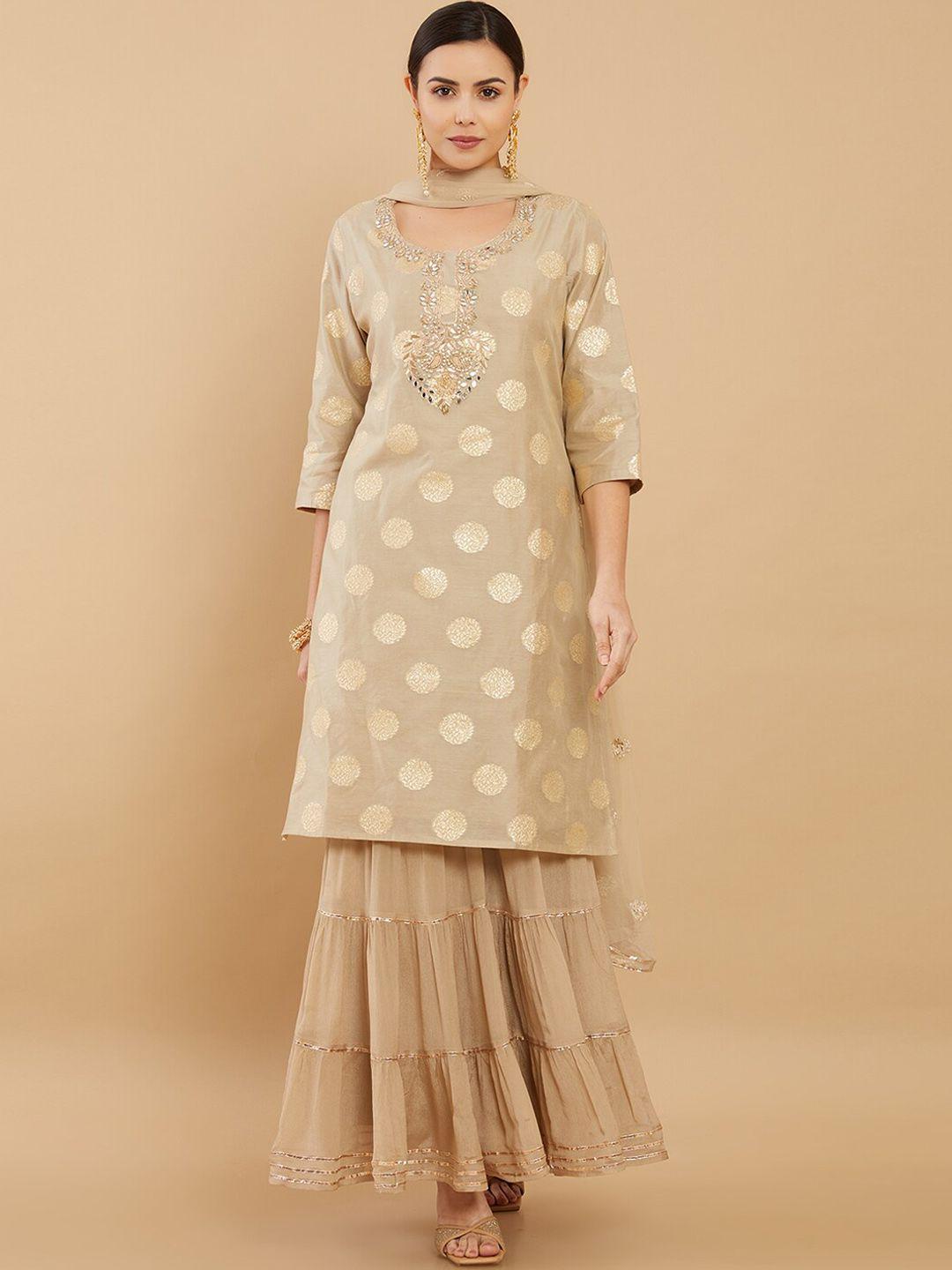 soch women grey floral embroidered kurta with sharara & with dupatta