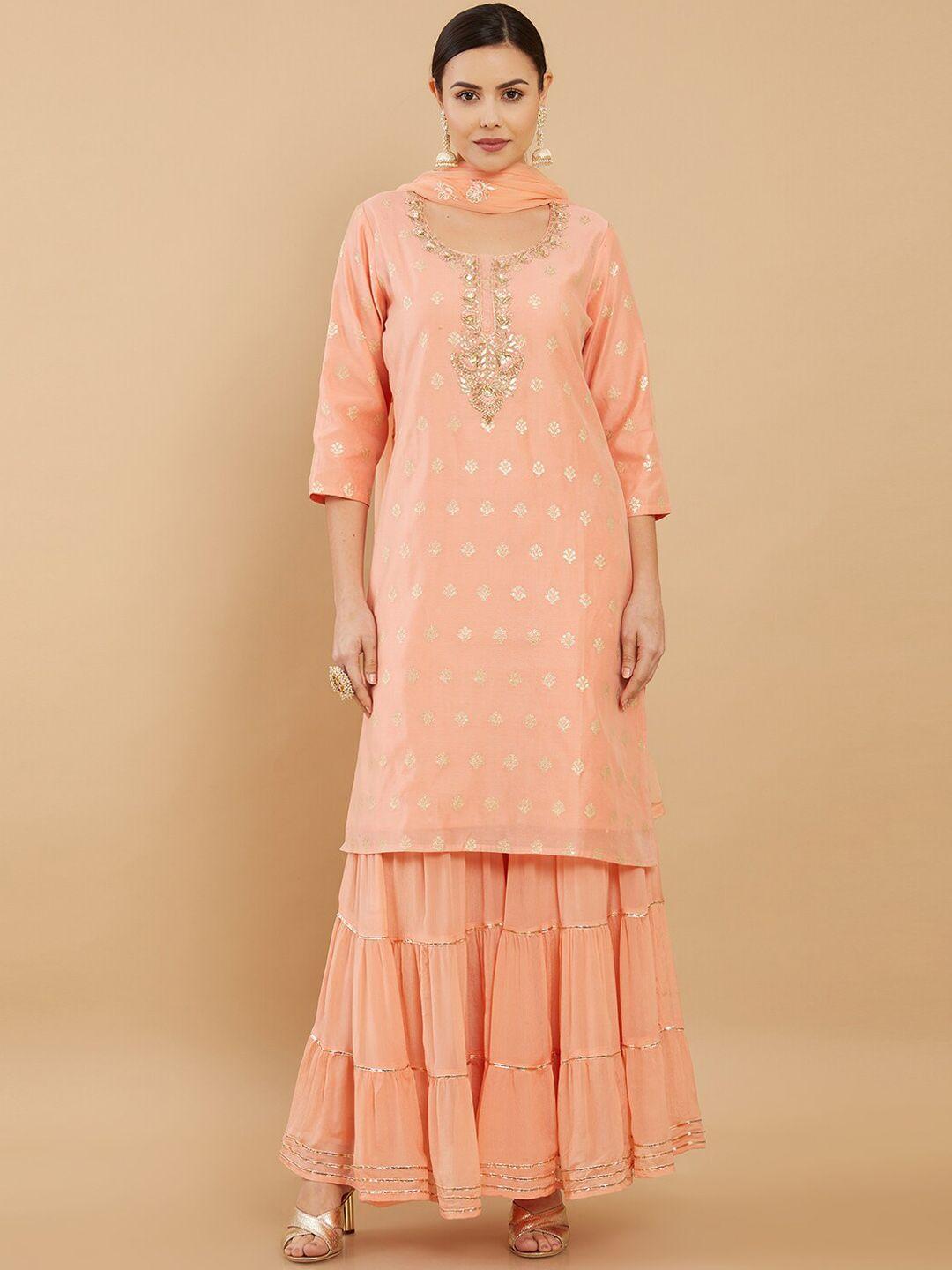 soch women peach & gold embroidered straight kurta with sharara & with dupatta