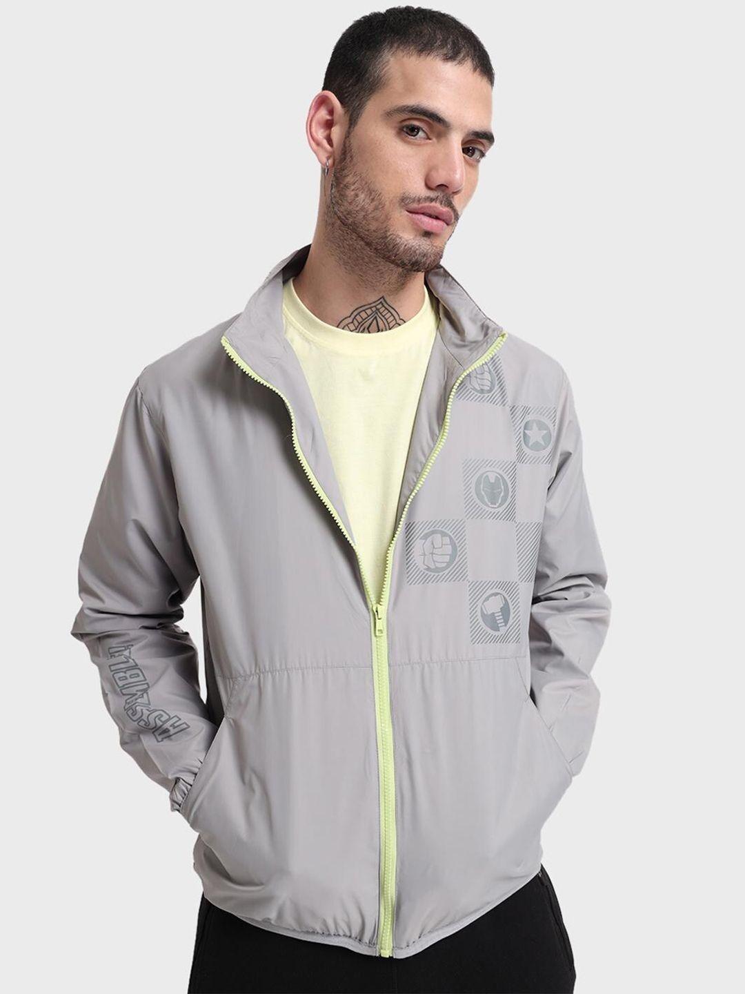 bewakoof men grey windcheater graphic printed tailored jacket