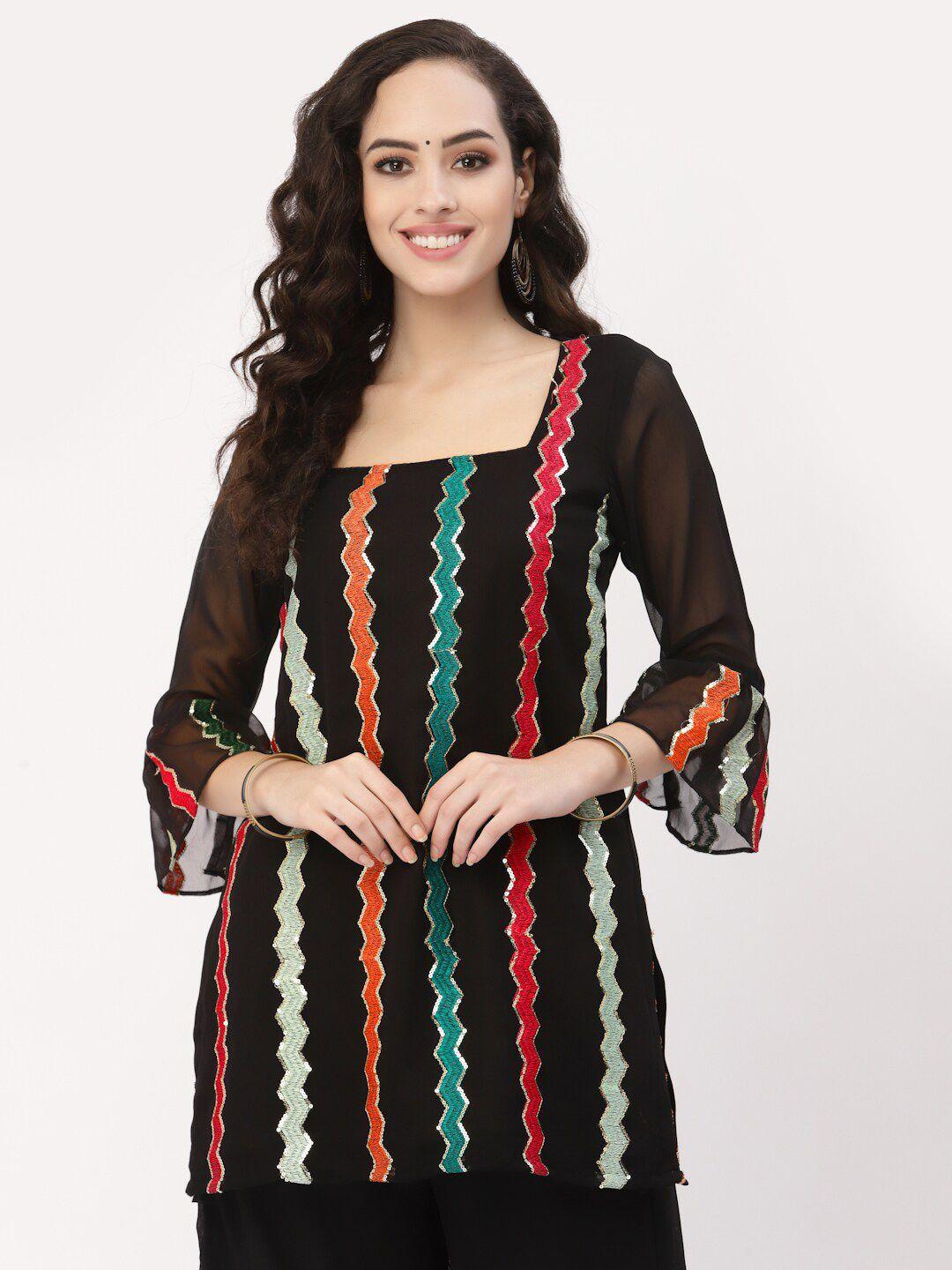 studio rasa women black geometric embroidered square neck sequinned sequinned kurti