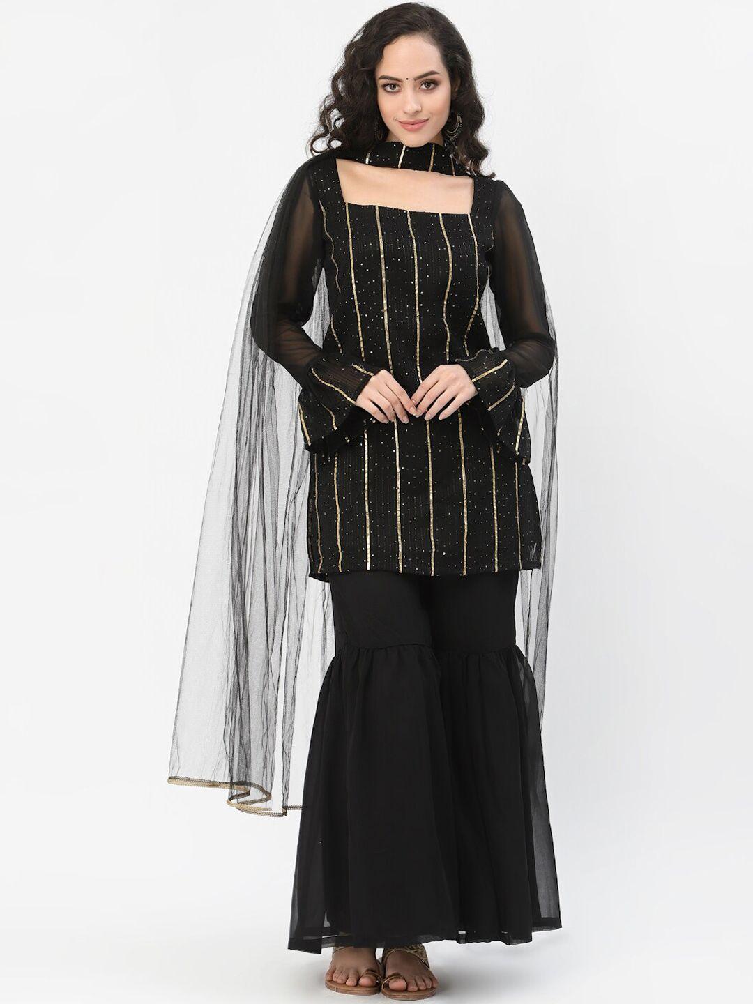 studio rasa women black & gold embroidered straight kurti with sharara & with dupatta