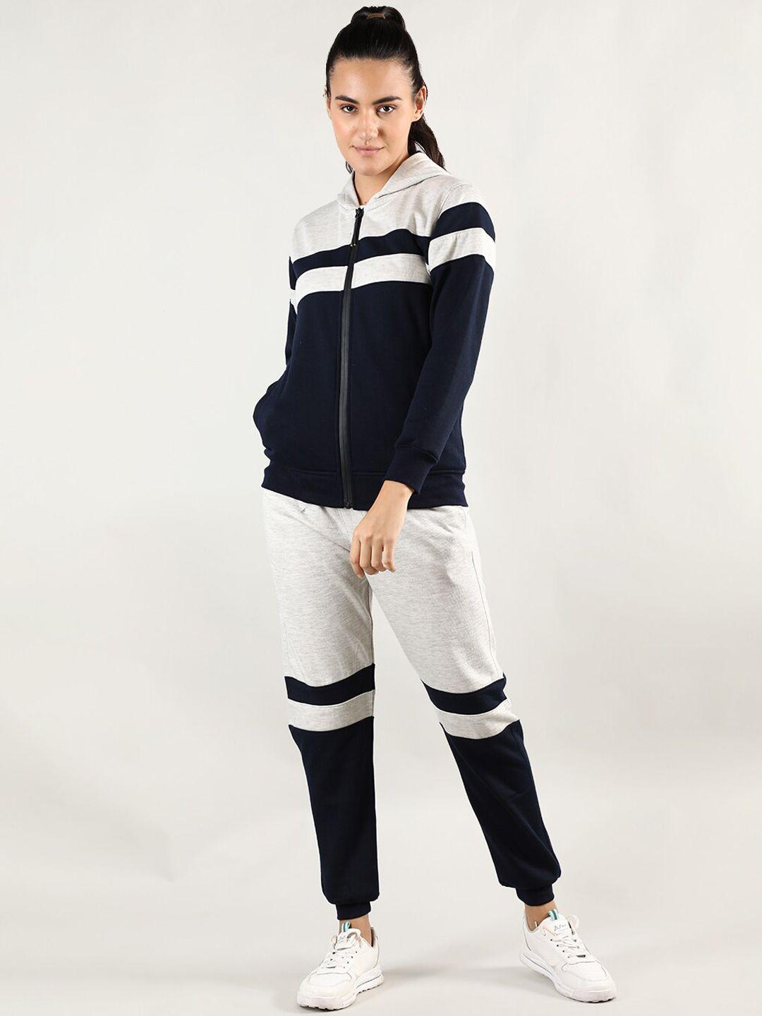 chkokko women grey & navy blue colorblocked full sleeves tracksuits