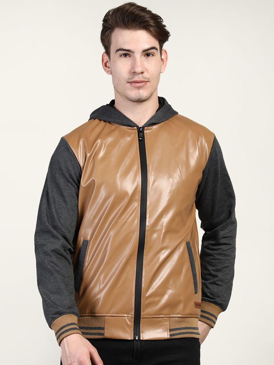 chkokko men tan colourblocked outdoor open front jacket