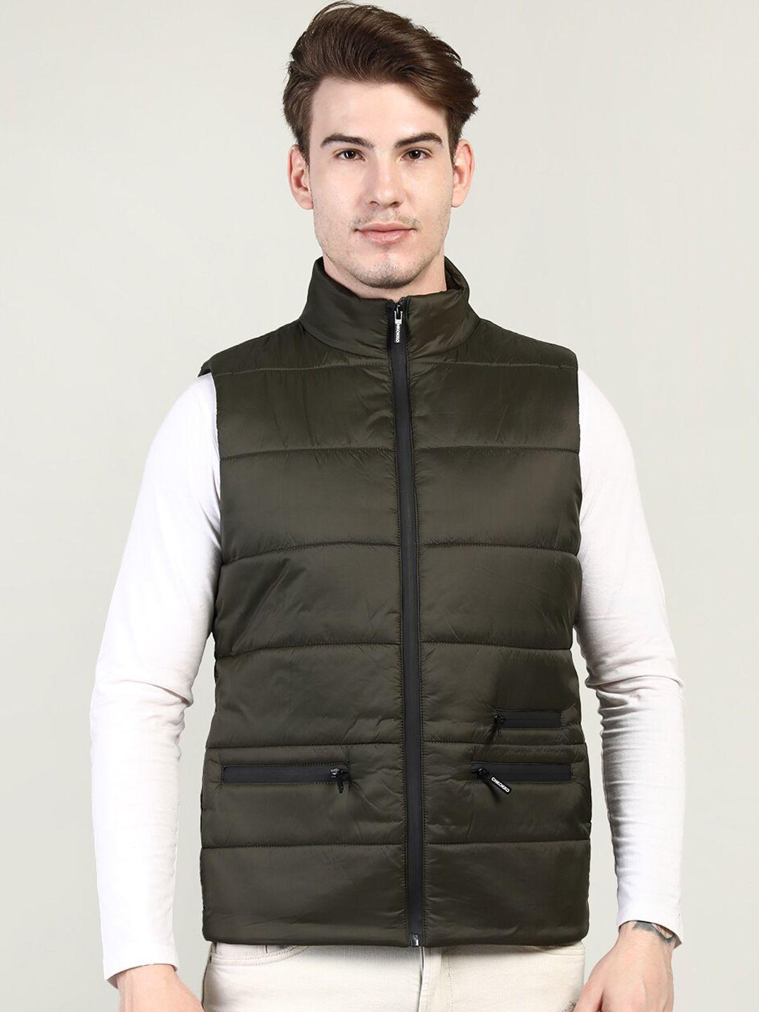 chkokko men olive green solid sleeveless puffer jacket