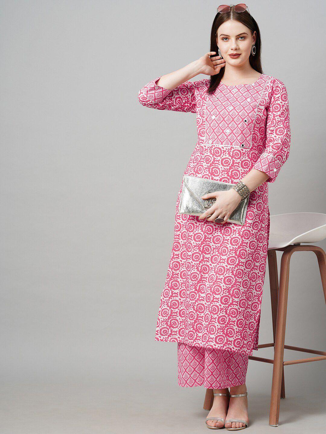 kalini women pink printed mirror work kurta with palazzos