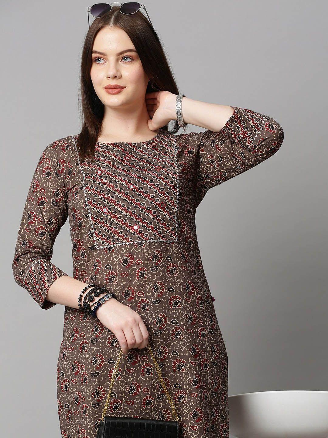 kalini women brown floral printed kurta with palazzos