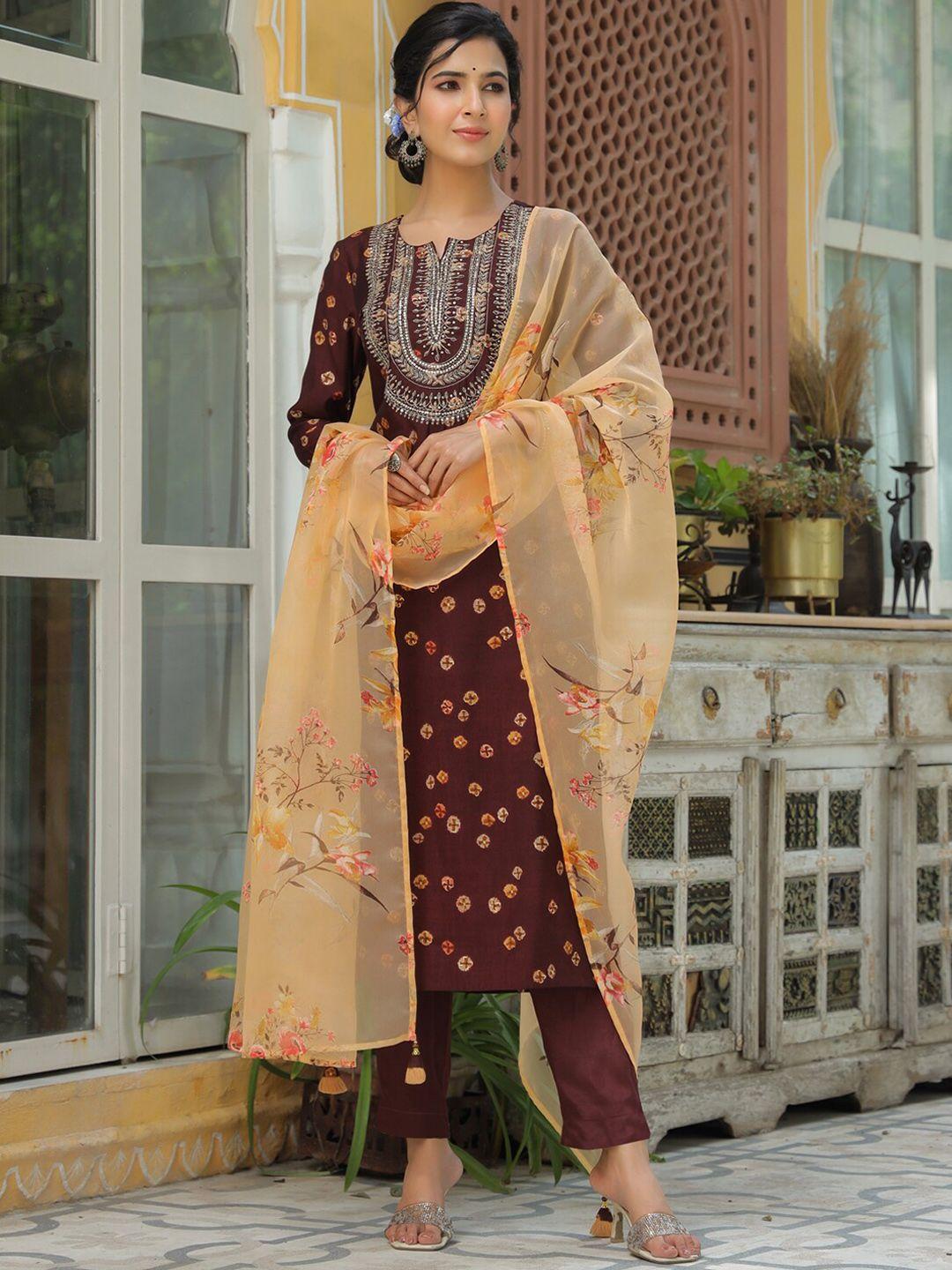 piroh women maroon bandhani printed pure cotton kurta with trousers & with dupatta