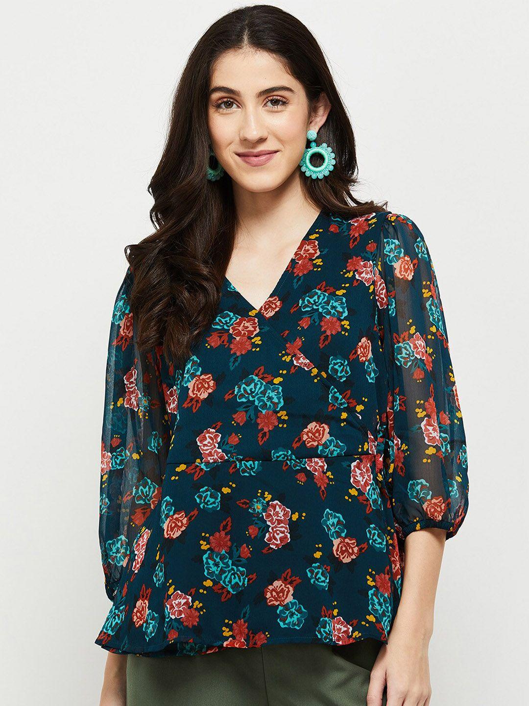 max women teal blue & red floral print wrap top