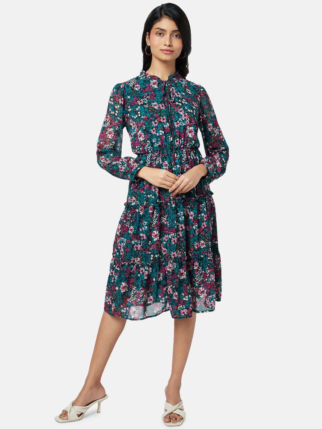 honey by pantaloons women teal & white floral printed tie-up neck a-line dress