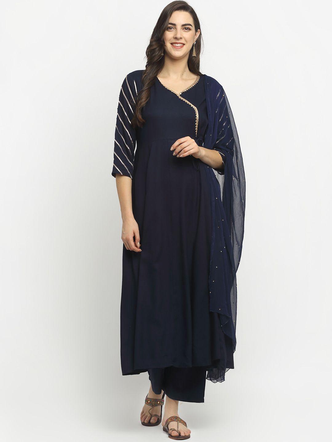 rudra bazaar women navy blue angrakha kurta with trousers & dupatta