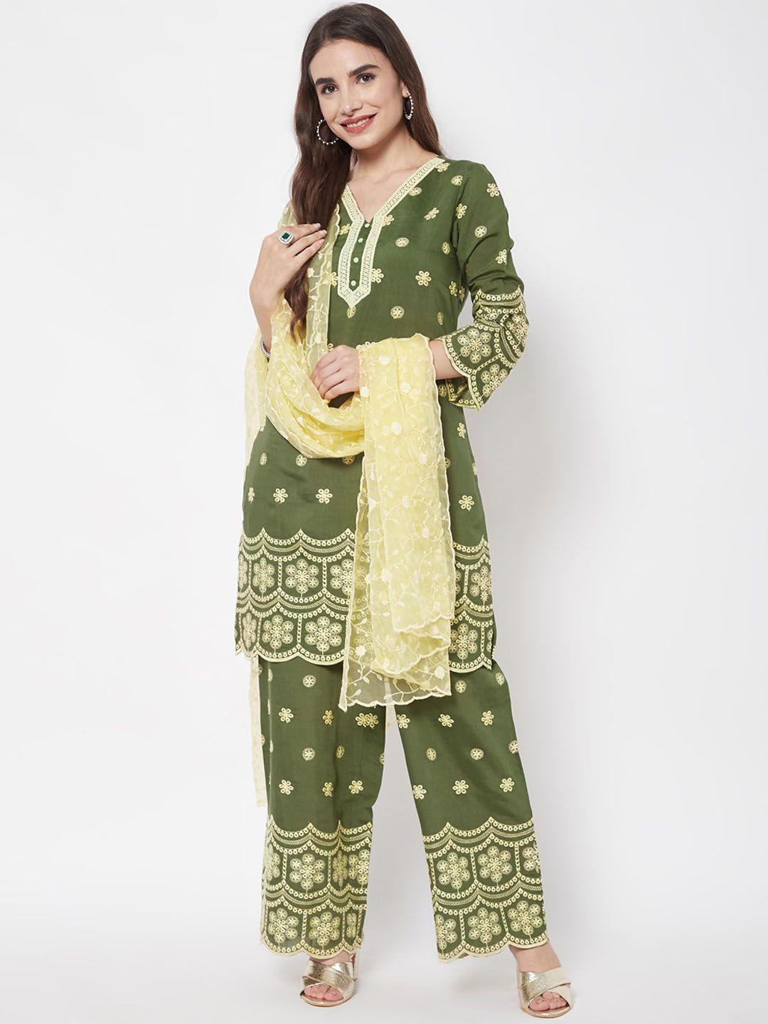 heeposh women green floral embroidered kurta with trouser & dupatta