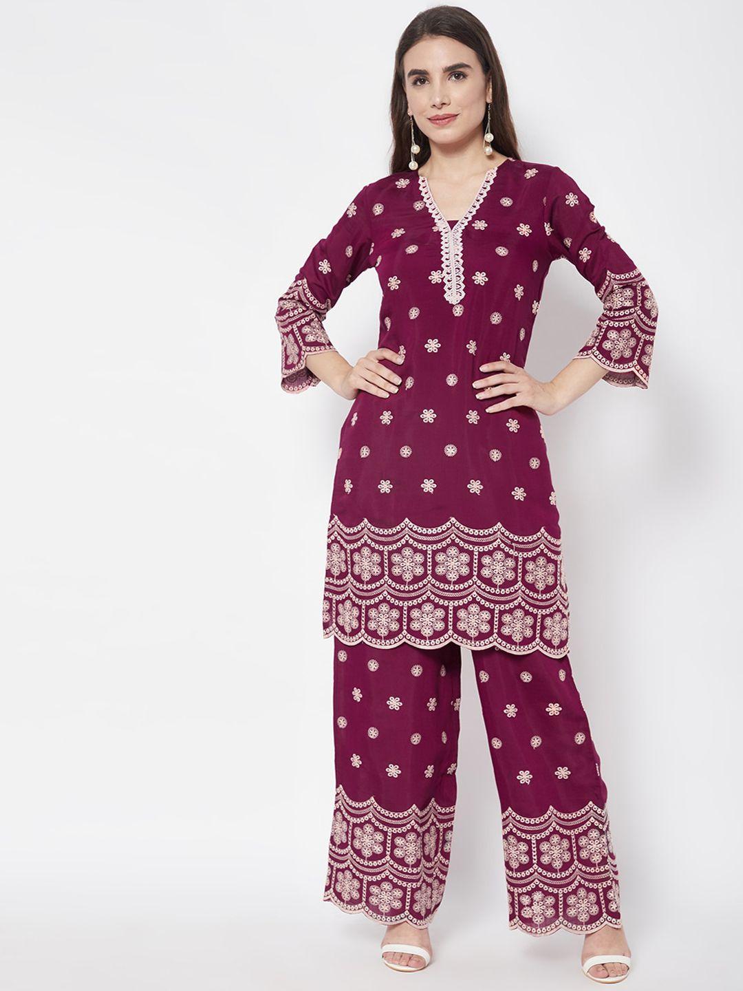 heeposh women magenta floral embroidered thread work kurti with trouser & dupatta set