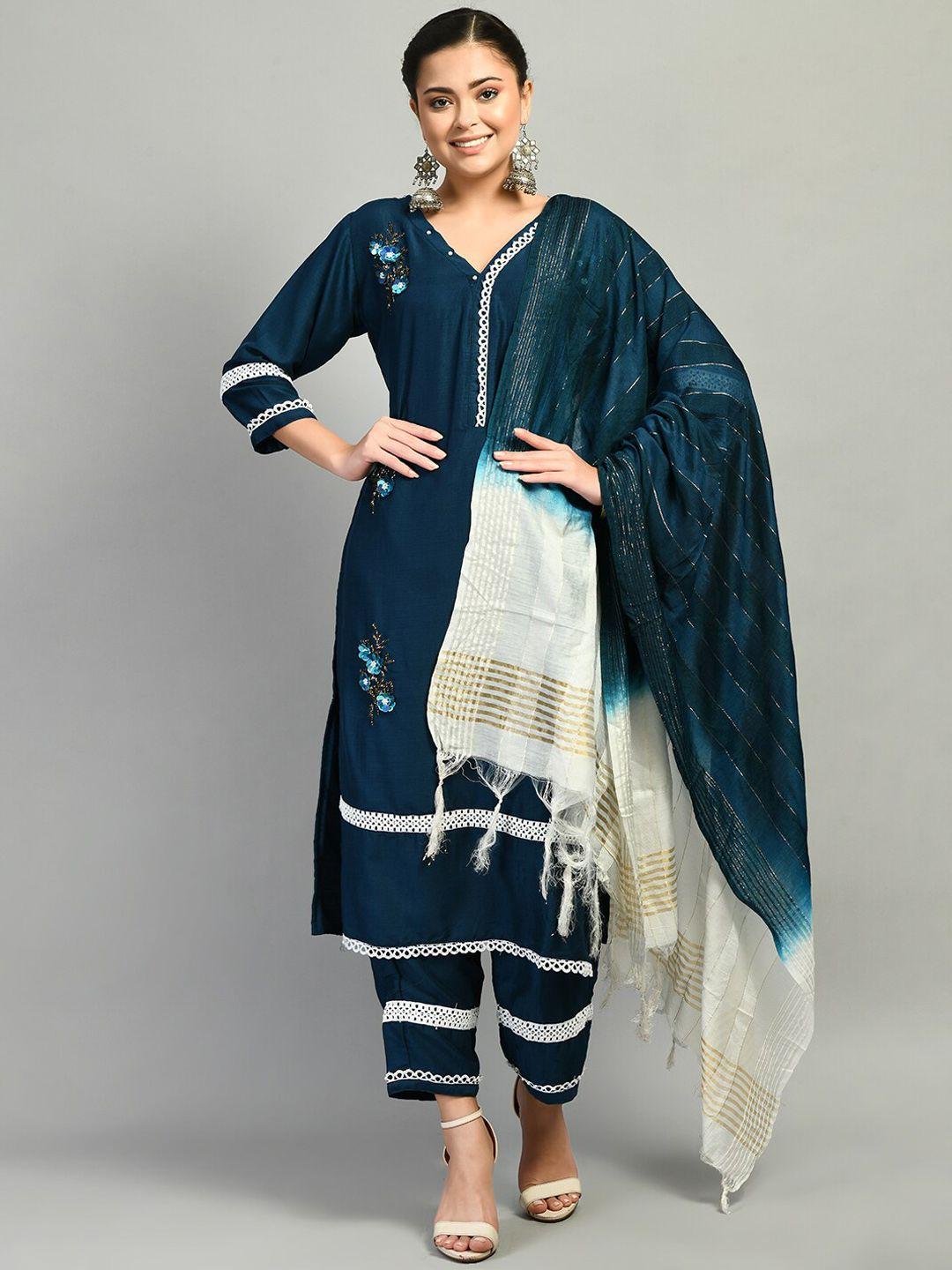 desinoor com women teal floral embroidered beads and stones kurta with trousers & with dupatta