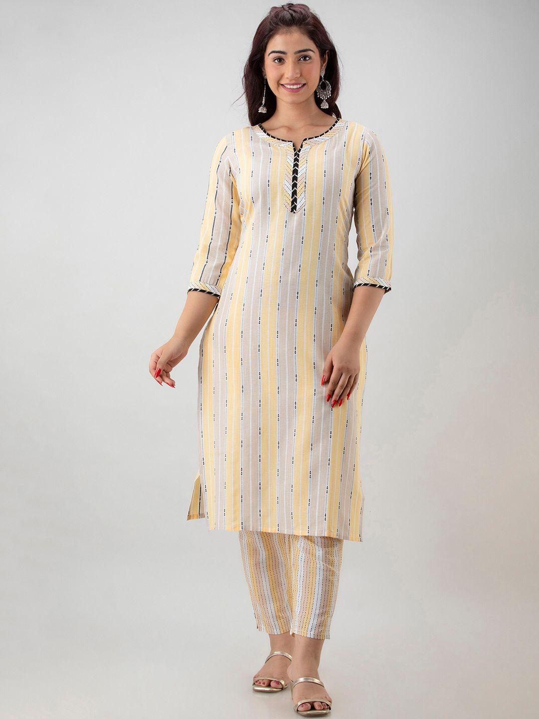 ckm women cream-coloured striped kurta with trousers & with dupatta