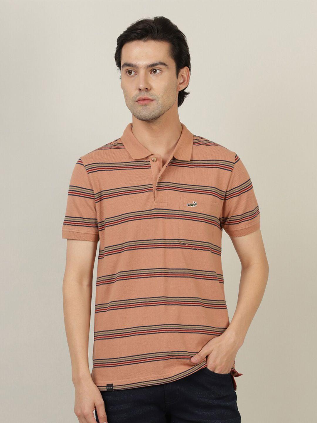 crocodile men brown & black striped polo collar slim fit cotton t-shirt