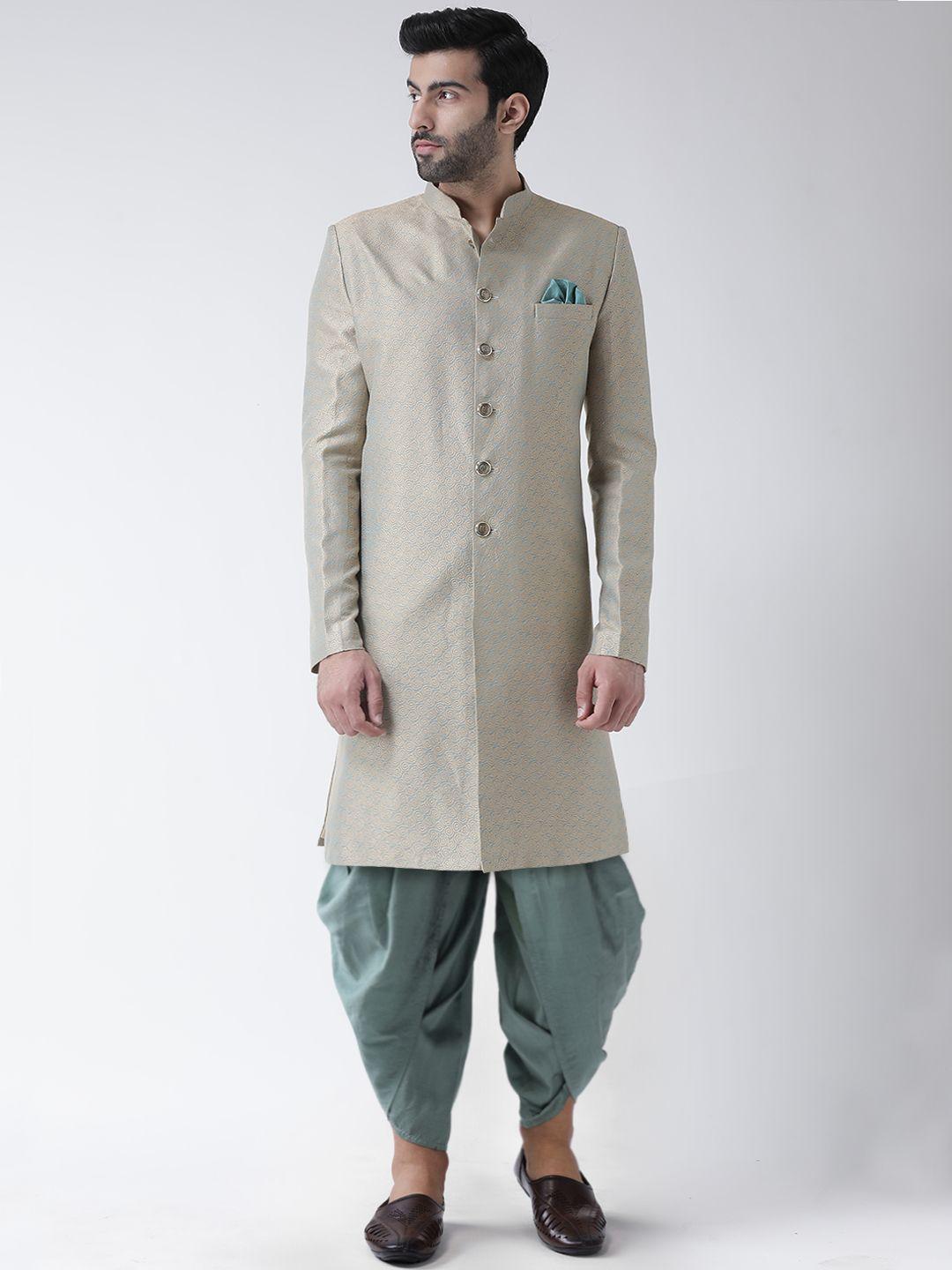 kisah men beige self-design cotton sherwani set